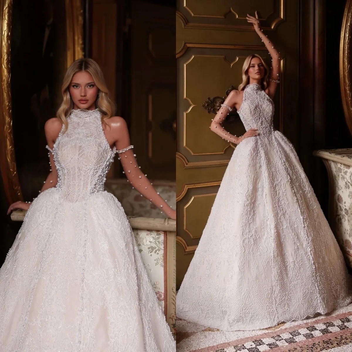 

Современные свадебные платья с высоким воротом, расшитые жемчугом, с открытой спиной, А-силуэт, со шлейфом, на заказ, Vestidos De Novia