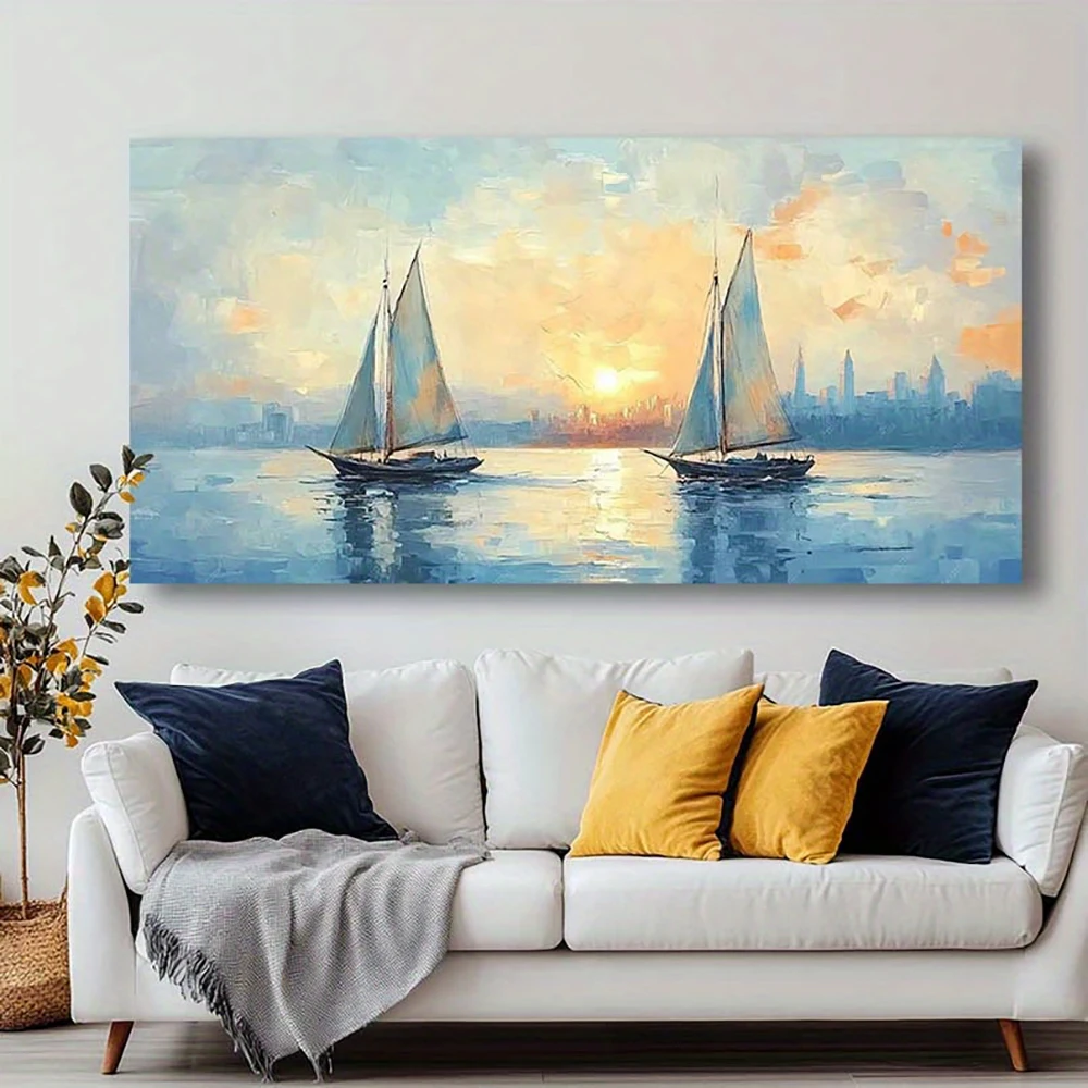 Oil Painting Of boats And Sea On Canvas Sunset Over Ocean Modern Impressionism,Print Poster Wall Art Picture Room Decor Unframed
