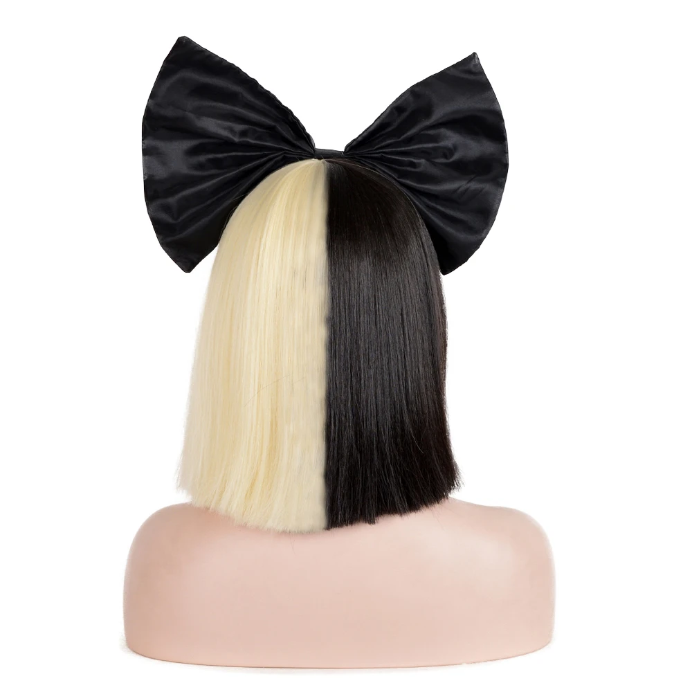 Sia شعر مستعار أنيمي الشعر الاصطناعية نصف الأسود والأشقر أومبير قصير مستقيم الشعر الانفجارات المسطحة تأثيري مجموعة كاملة الباروكات للنساء جديد