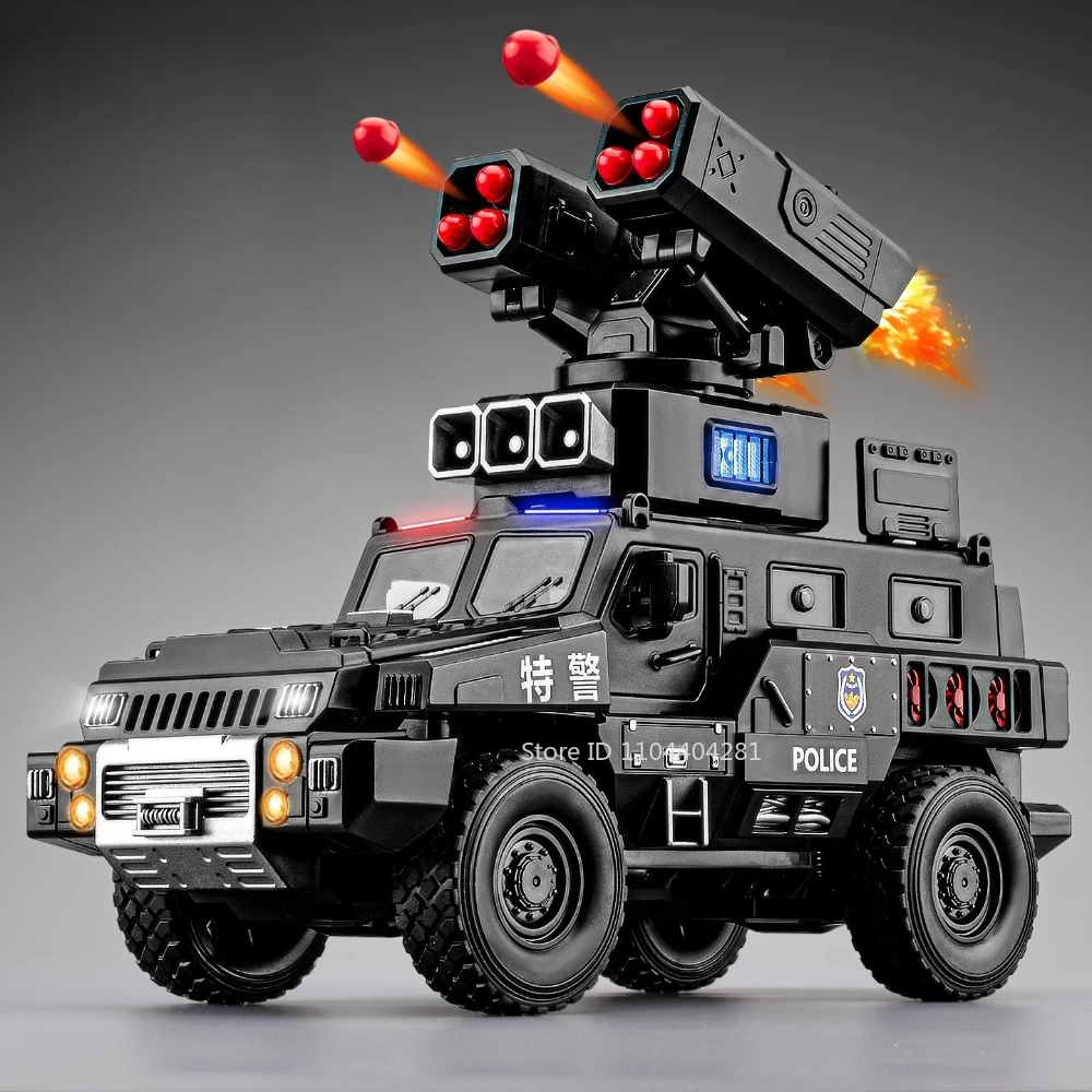1:50 Alloy Armored Car Diecast Model Toy Sound Light Pull Back Doors Opened Miniature Missile Vehicle for Kid Boy Collection Fun