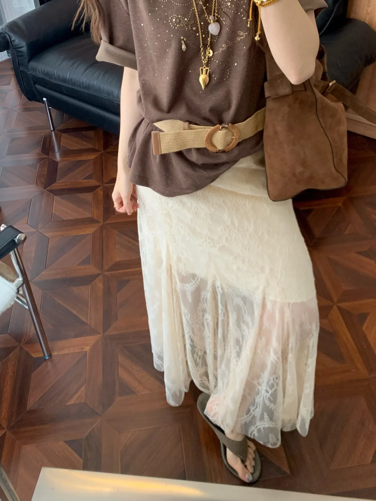 Vestido Midi Elegante Vena Label 26SS com Inserção de Renda, Estilo de Férias, Cintura Alta, em Mistura de Algodão, Manga Cur...