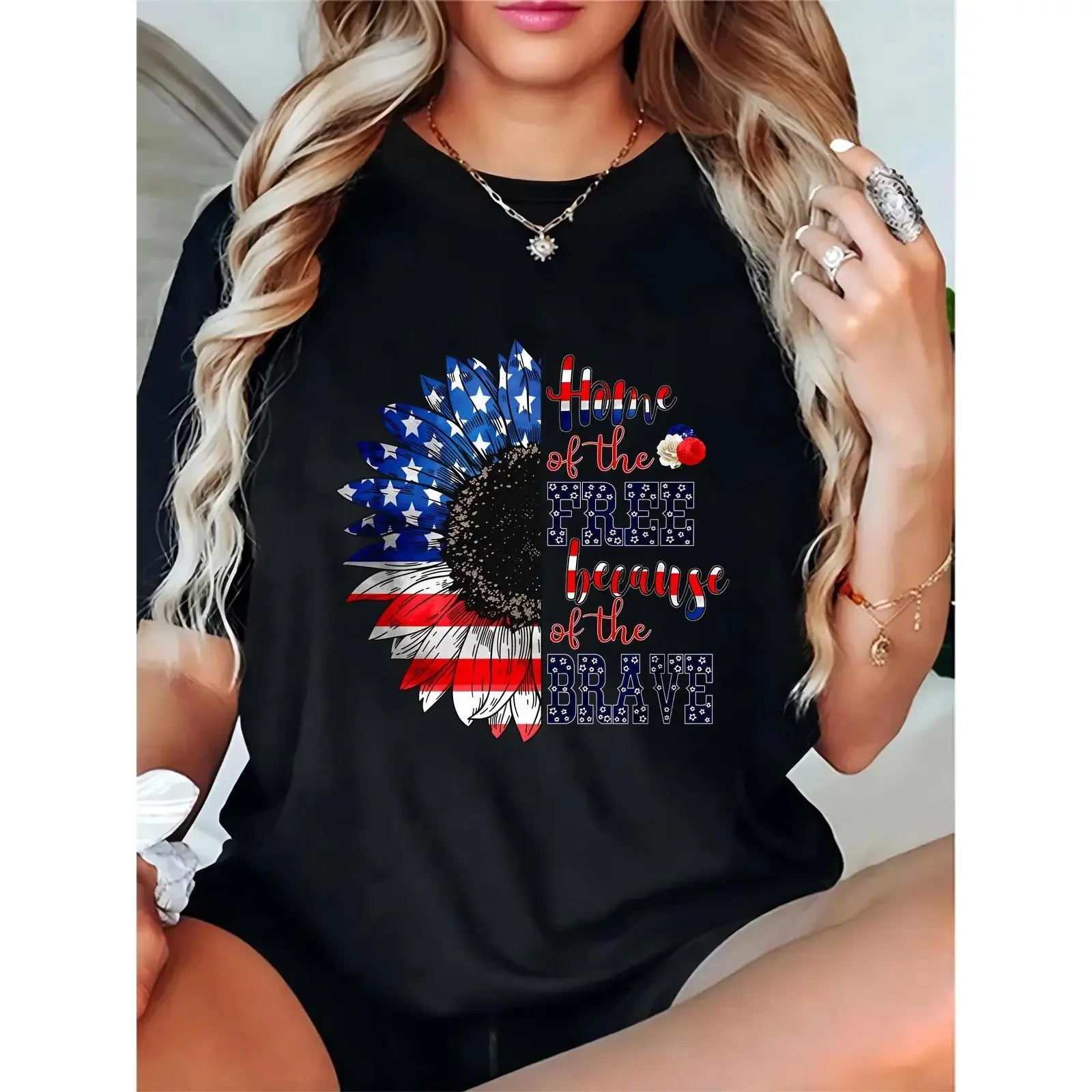 Women's 100% Cotton Crew Neck Short-Sleeve Patriotic T-Shirt - Lightweight, Breathable, Loose-Fitting, Machine Washable, Black, Chest Sunflower & Flag Print, 4th of July Casual Top, "Home of the Free Because of the Brave" (Pairs with Skirts)