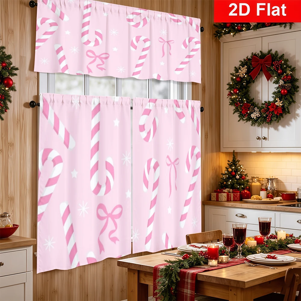 Christmas Kitchen Curtains, Pink Candy Cane Bow Star, Digital Print, Kitchen Dining Room, Rod Pocket Polyester, Home Decor