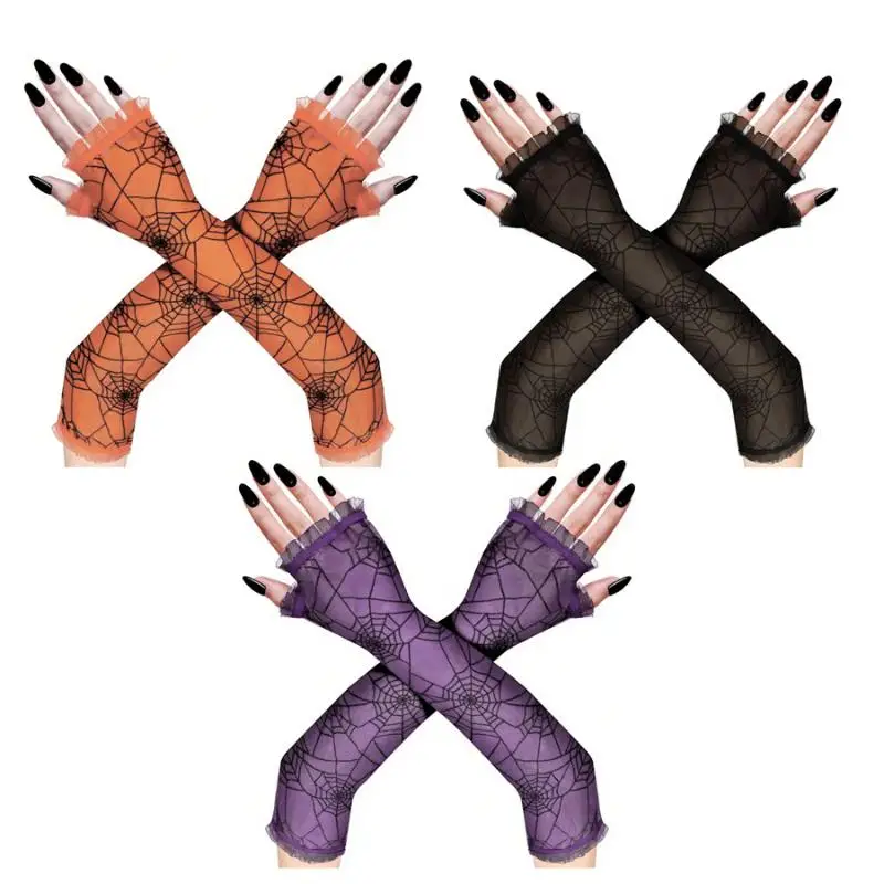 Fancy Thin Halloween Gloves Gothic Lolita Spider Web Gloves Long Half-Finger Mesh Mitten Cosplay