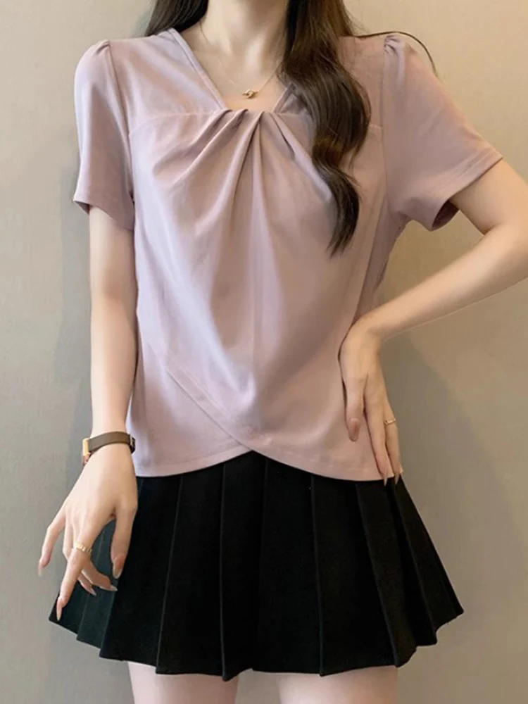 Light Purple V-Neck Short Sleeve T-Shirt Women's plus Size Loose Fit Korean Style Commute Fashion Summer Top Casual Shirt