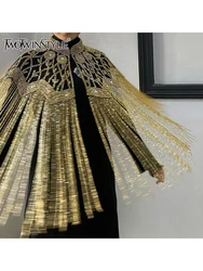 TWOTWINSTYL Patchwork Tassel Designer Cloak Coats For Women Stand Collar Spliced Diamonds Temperament Jacket Female Fashion New