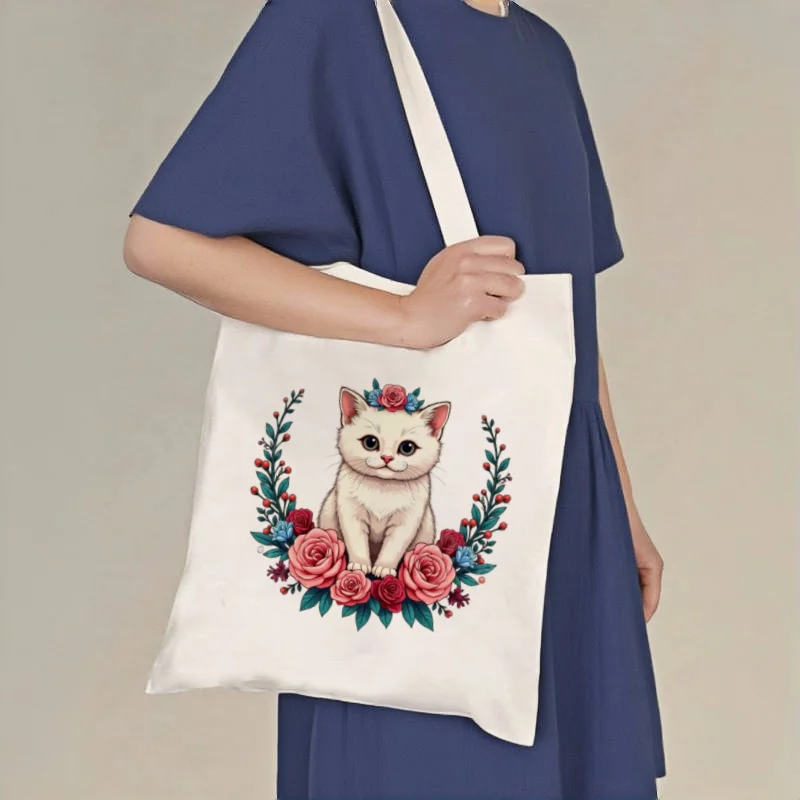 

1pc Cute Floral Cat Print Canvas Tote Bag, Double-sided Casual Shoulder Handbag