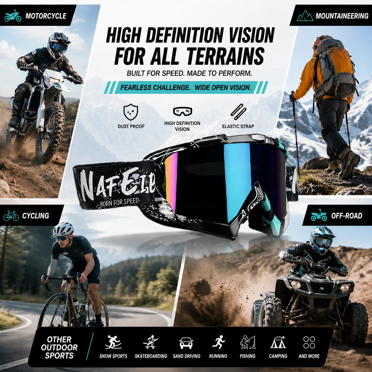 NAFEIB Durable Motorbike Ski Goggles UV400 Clear Vision for All Weather Motocross Off Road Outdoor Winter Sports Riding