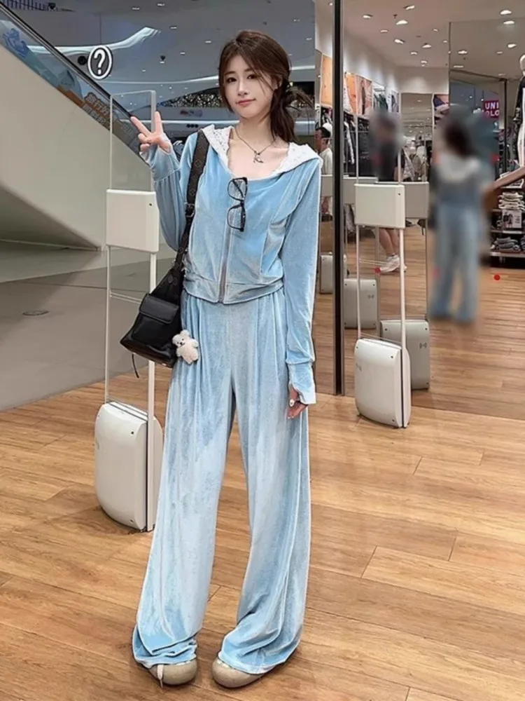 Women Outdoor Running Set Lace Spliced Hooded Sweatshirt Wide Leg Pants Two Piece Set Slim Fit Jogging Sportswear New Tracksuit
