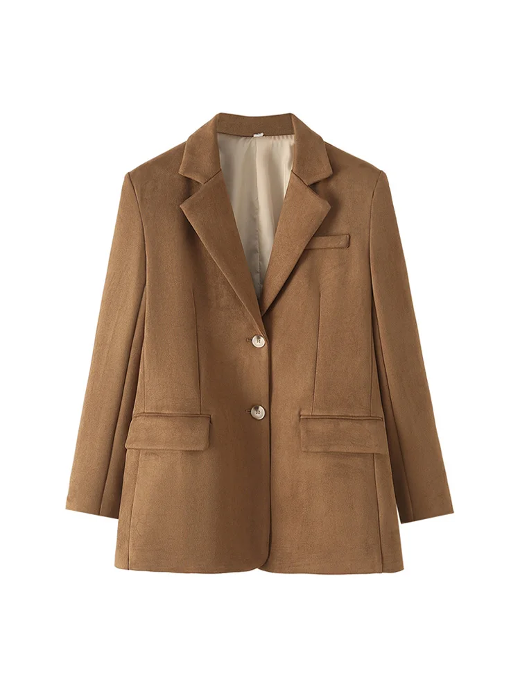 معطف نسائي من جلد الغزال الصناعي بلون سادة وأكمام طويلة مع جيوب أمامية ملابس خارجية أنيقة للنساء #2