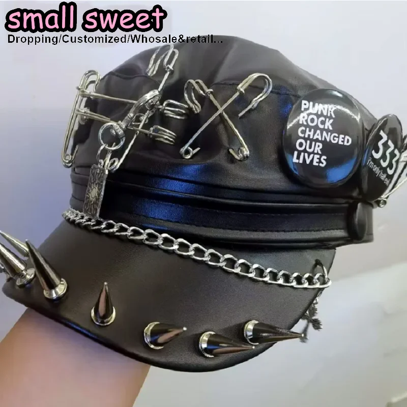 Gothic Y2k Spice Girl Steampunk Goth Lolita Punk Rivet Leather Spike Beret Hats Harajuku Streetwear Rock Caps pin Chic Rock Cap