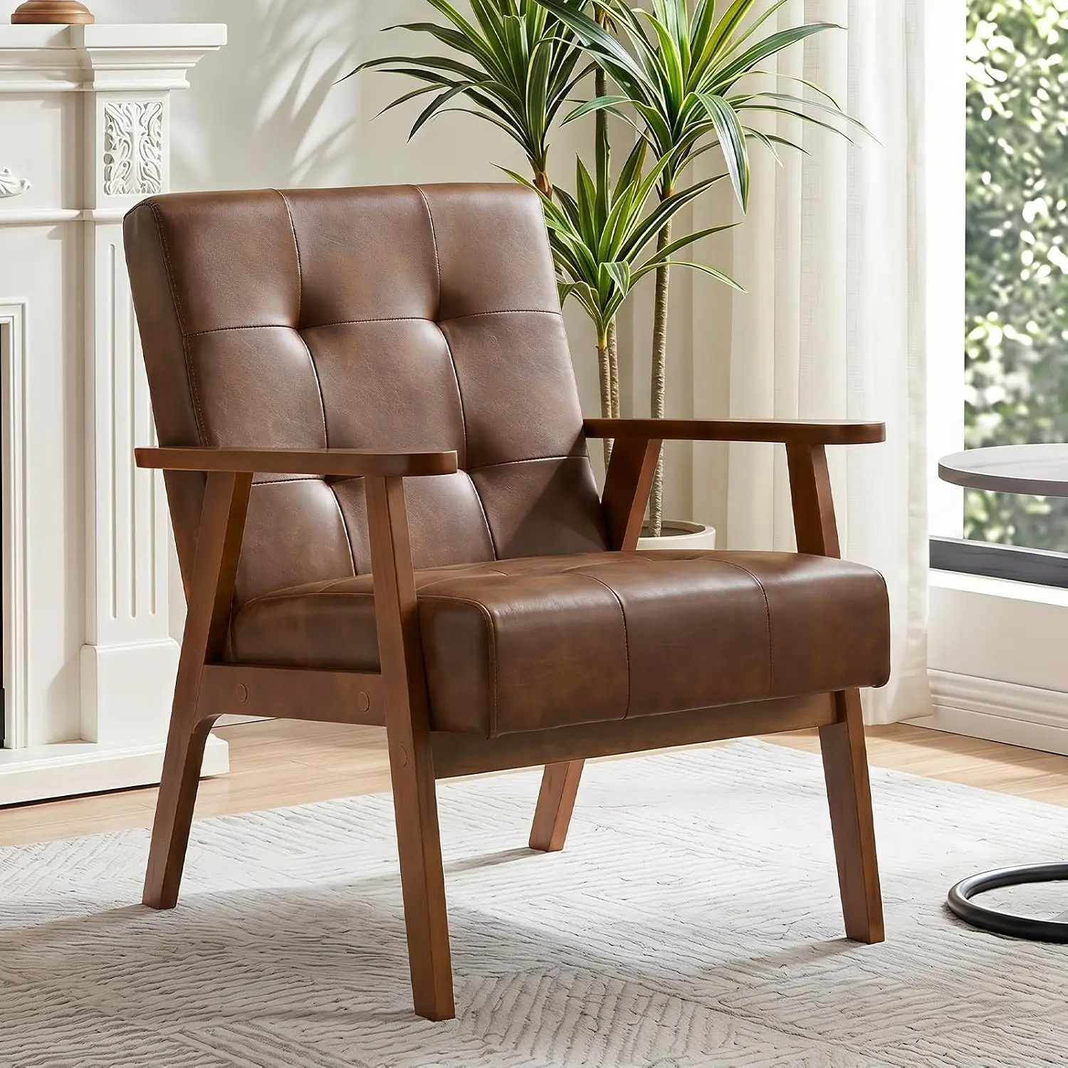 Solid Wood Frame Button Tufted High Back Armchair,Thick Cushion Upholstered Reading Leisure Chair for Living Room Bedroom Waiting Room, Brown