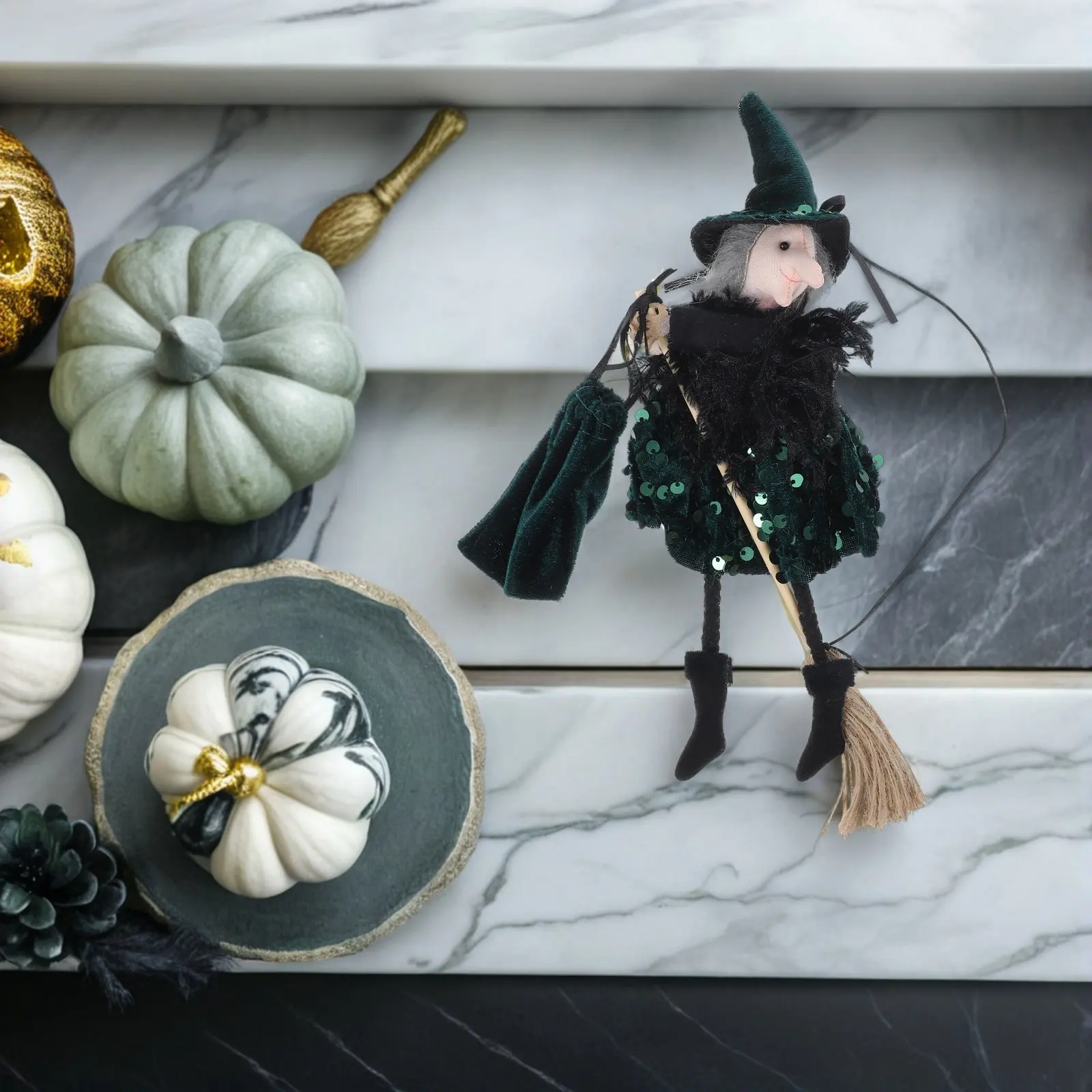 Halloween Witch on Broomstick Hanging Decor Unique Eerie Design Sturdy Fabric Wood Jute Rope for Outdoor Garden Indoor Party