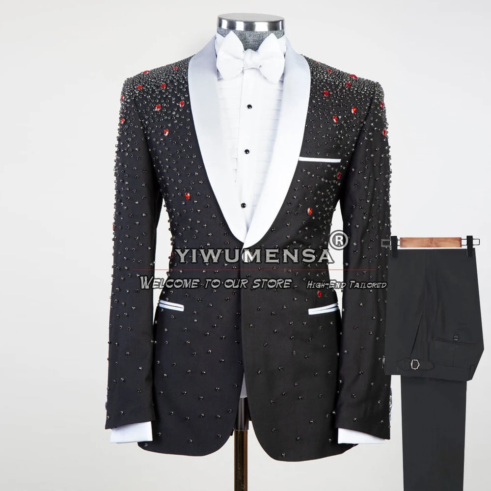 Men's Suits For Wedding Crystals Beaded Stone Groom Tuxedos Custom Made White Lapel Black Blazer 2 Pcs Banquet Business Clothing