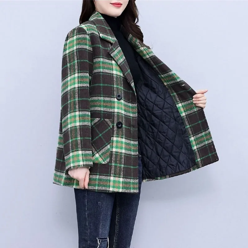 

Women's High-end Plaid Woolen Coat 2026 New Autumn Winter Jackets Top Versatile Double Breasted Cotton-padded Woolen Suit Jacket