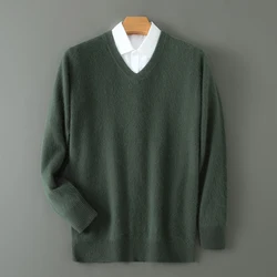 Winter New Long Sleeve High-End Jumpers Tops 100% Pure Mink Cashmere Sweater Men's V-Neck Pullovers Knit Large Size Mink Sweater