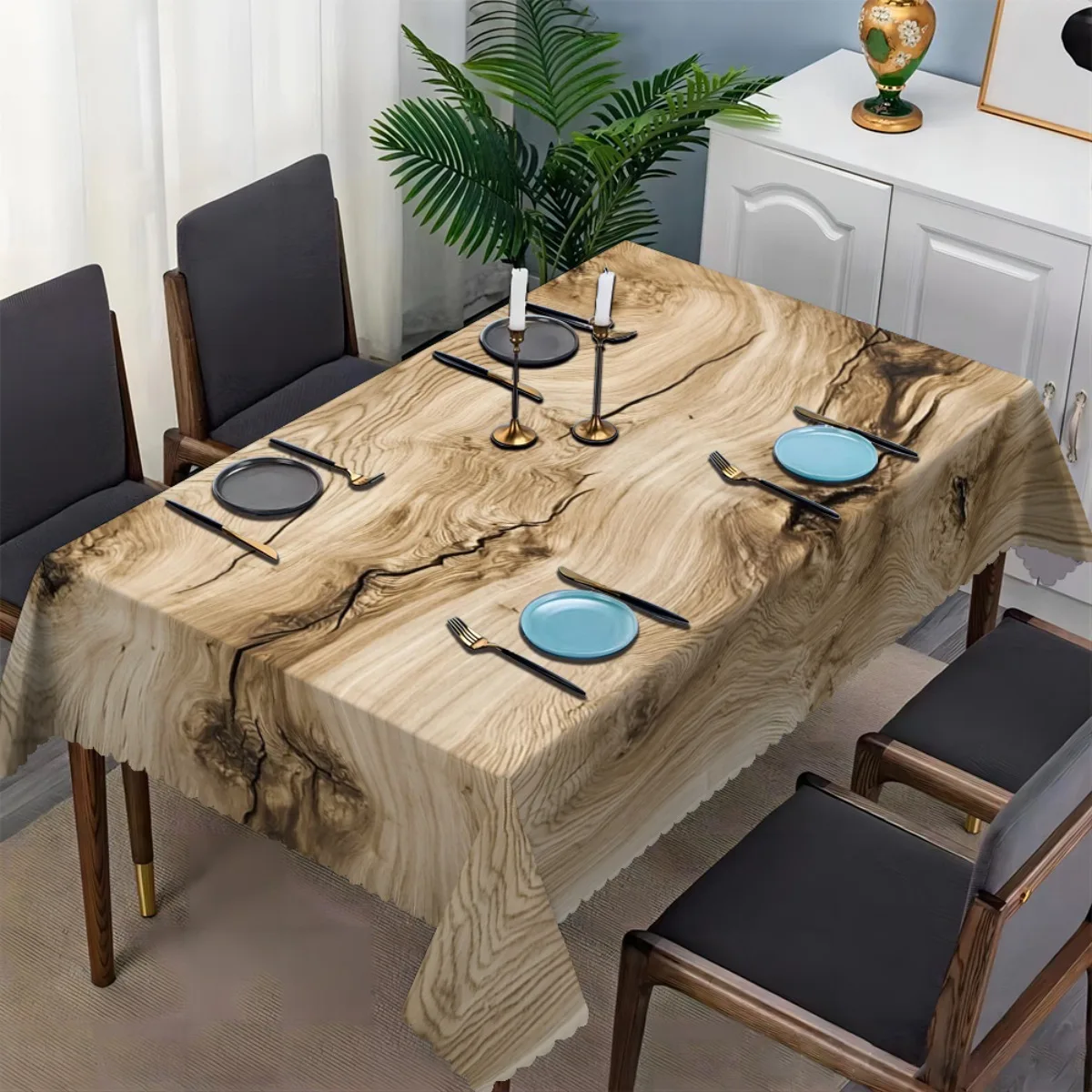 One elegant wood-grain printed tablecloth with a fan-shaped edge - durable polyester fabric, for the dining table