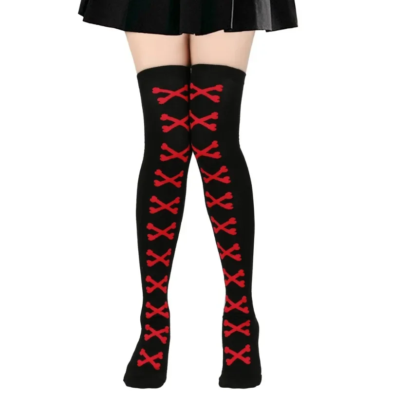 

Thigh High Sock Womens Stockings Bone Ladies Halloween Black White Pink Striped Long Over Above Knee Sock Funny Cosplay Harajuku