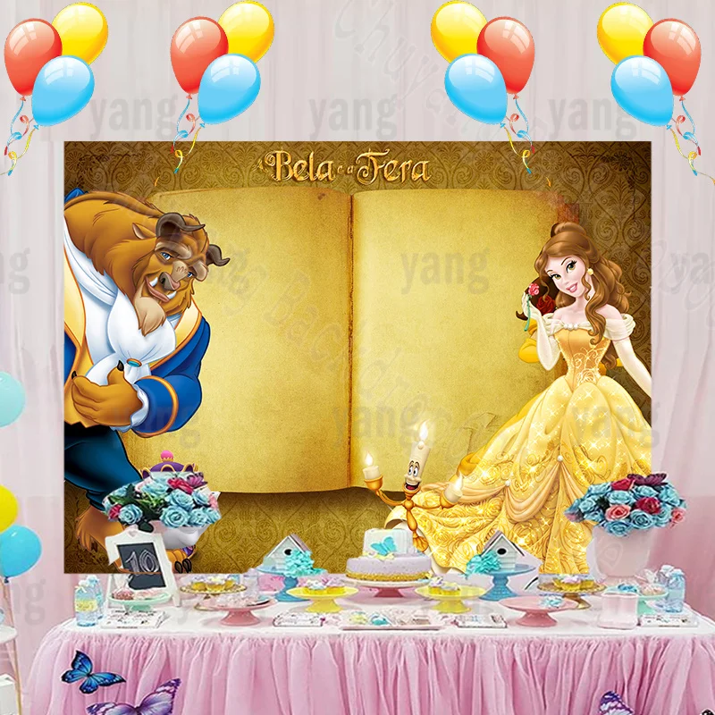 Cartone animato personalizzato romantico Disney Beauty and the Beast Cute Belle Princess Girls Baby Happy Rose Birthday Party sfondo