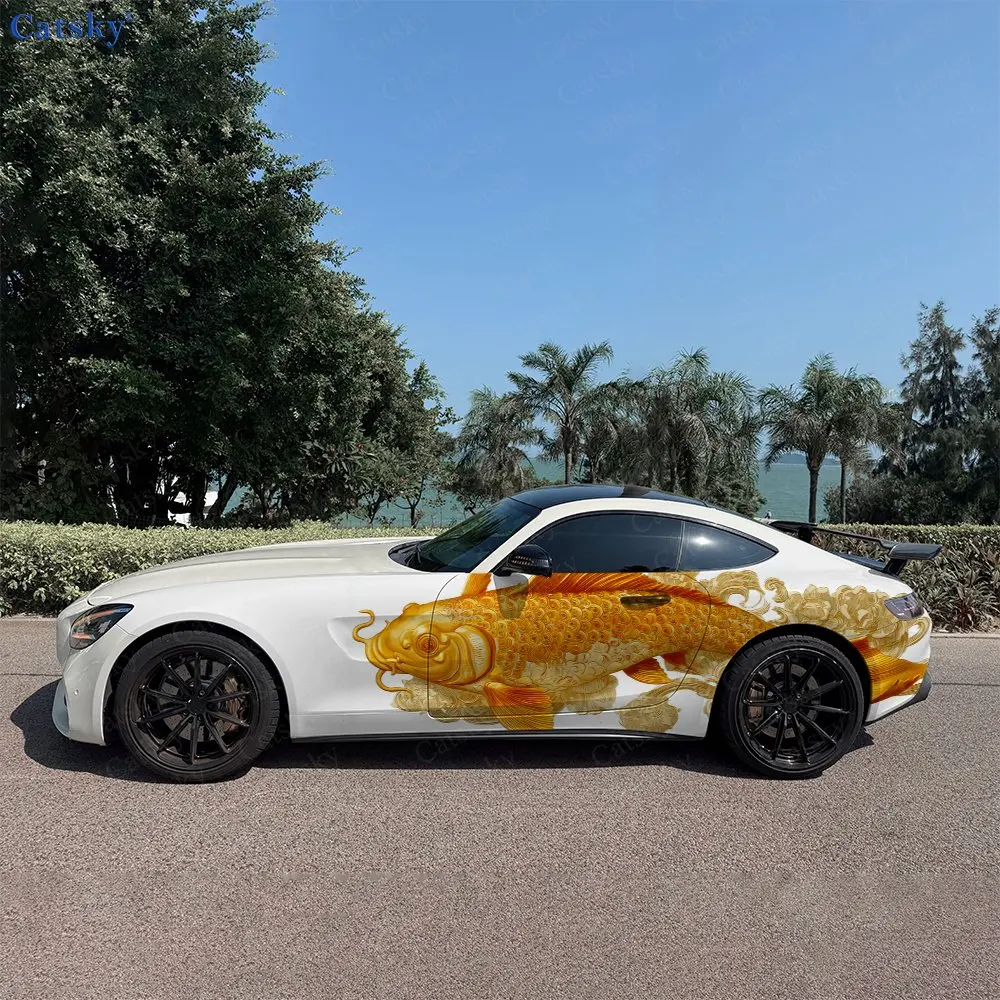 2pcs Gilded Koi Blessing Gathering, Fade-resistant, Enhance Vehicle Aesthetics With Bold Artistic Design Car Vinyl Wraps