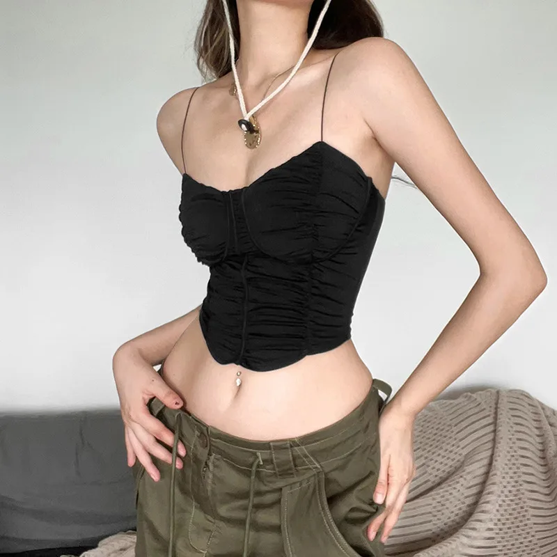 

Осень 2023, новый женский однотонный укороченный топ с рюшами и рюшами в европейском и американском стиле для девочек