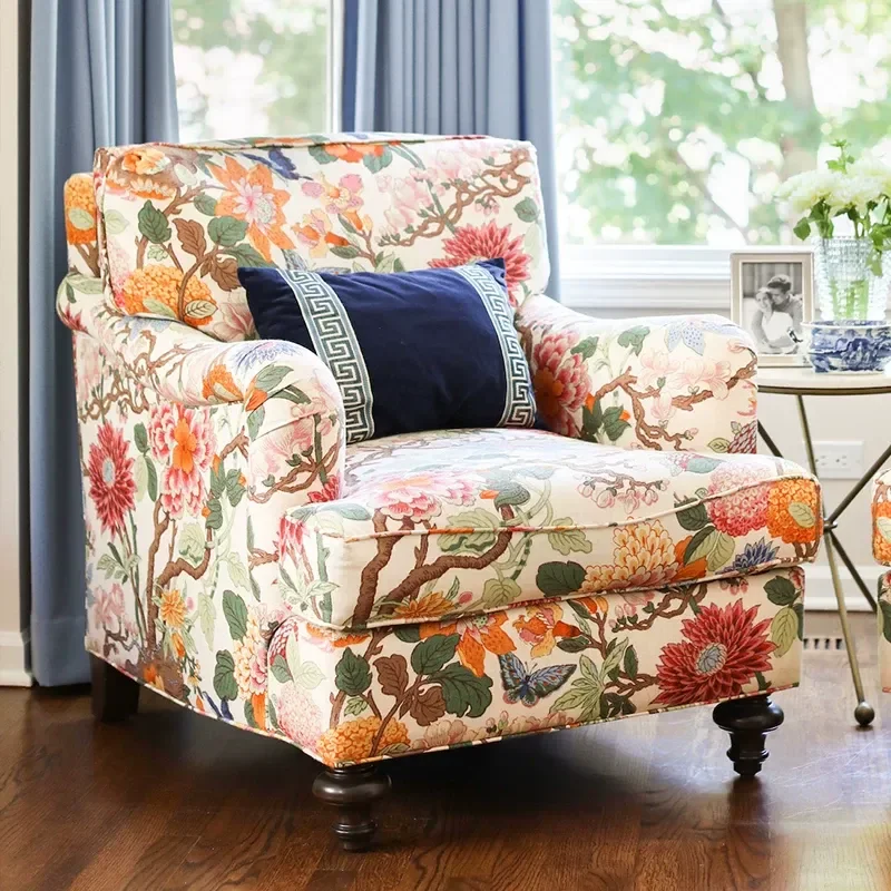 Solid Wood Single Chair Retro Soft Upholstered Armchair for Living Room Balcony Small Apartment Leisure Seating Furniture