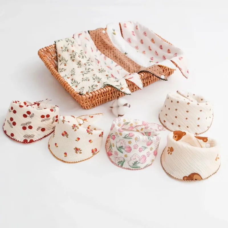 New Arrival Baby Cotton Gauze Bib Cherry Burp Cloth Triangle Saliva Towel Floral Printing Lace Bib for Newborn Accessories