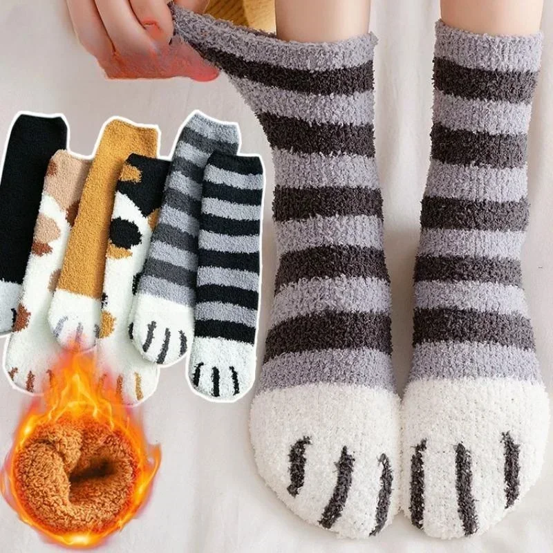 Calcetines de felpa con dibujos animados Kawaii para mujer, medias cálidas y gruesas con patrón de pata de perro y gato en 3d, para dormir, Invierno