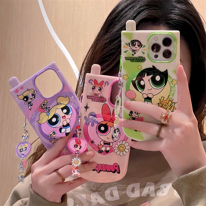 3D Cute Cartoon The Powerpuff Girls Hide Makeup Mirror Phone Case For iPhone 15 14 13 12 11 Pro Max Soft TPU Cover With Lanyard