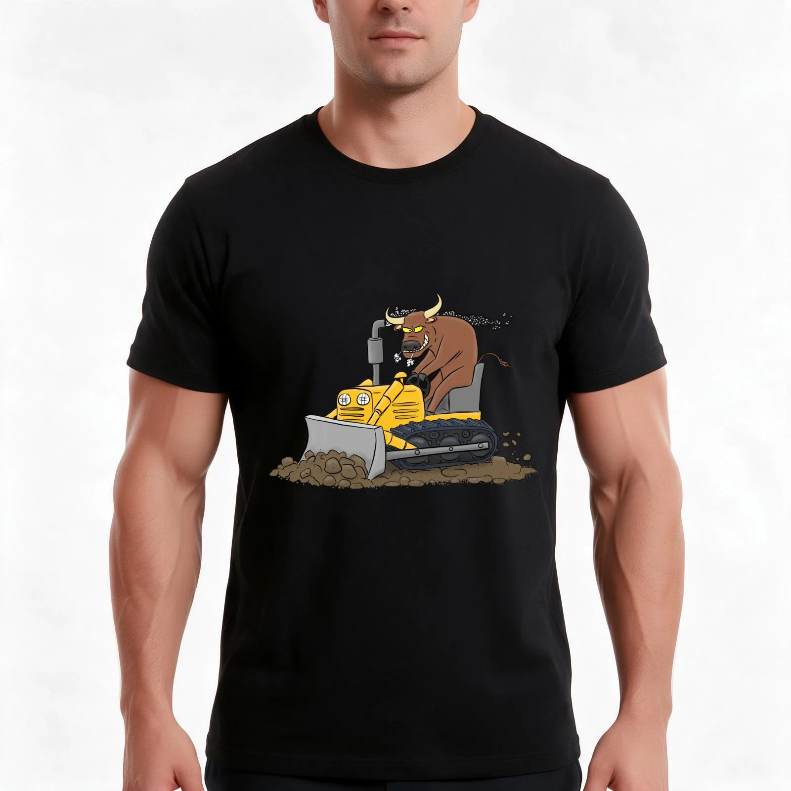 Funny bull driving bulldozer cartoon T-Shirt, Summer Casual Cotton Tee, Oversized Streetwear Tops, Vintage Graphic Print