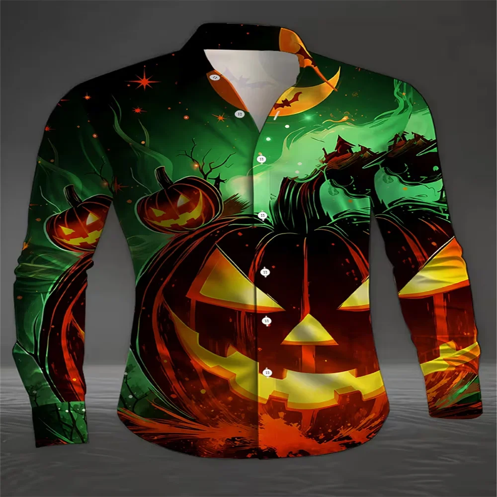Men's Halloween Pumpkin Print Long Sleeve Shirt Turn‑down Collar Button‑Up Shirts Scary Ghost Bat Pattern Casual Party Festival