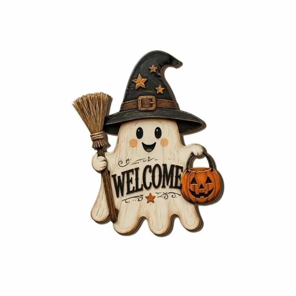 2D Flat Ghost Door Hanging Rustic Style Cartoon Pattern Ghost Witch Hat Doorplate White-Clad Ghost Theme