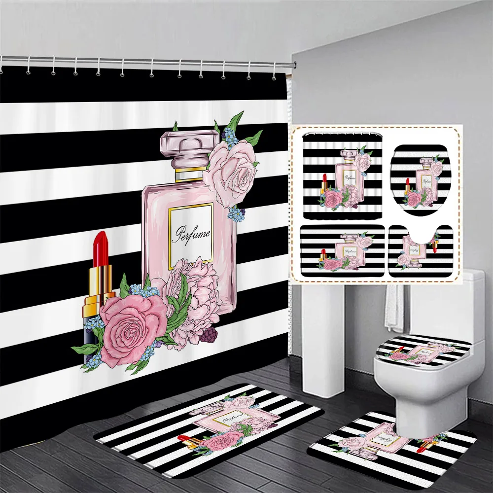 Juego de cortina de ducha con estampado de Perfume para el hogar, alfombrillas de baño modernas con estampado de rayas blancas, negras y rosas, cubierta de inodoro