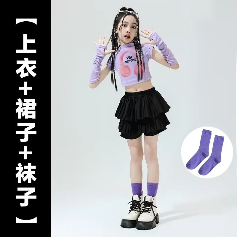 Kids Hip Hop Crop Top Street Dance Gauze K-pop Plaid Skirts Girls Streetwear Children Jazz Cheerleader Costumes Clothes Sets