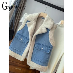 Garaouy 2024 Winter Women Vintage Denim Lamb Down Patchwork Vest Coats Female Thick Warm Pocket Tanks Jacket Waistcoat Outwear