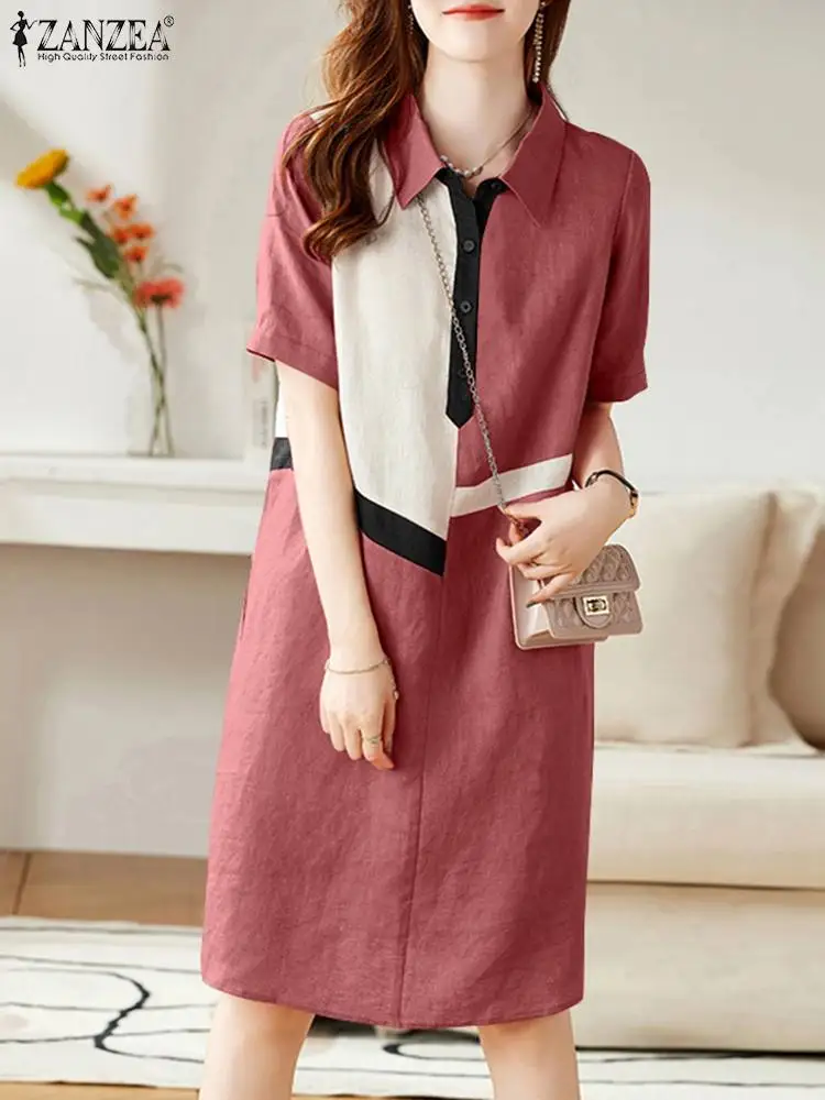 ZANZEA Fashion Patchwork Shirt Dress Women 2024 Summer Midi Dress Casual Lapel Neck Streetwear Loose Short Sleeve Robe Oversized