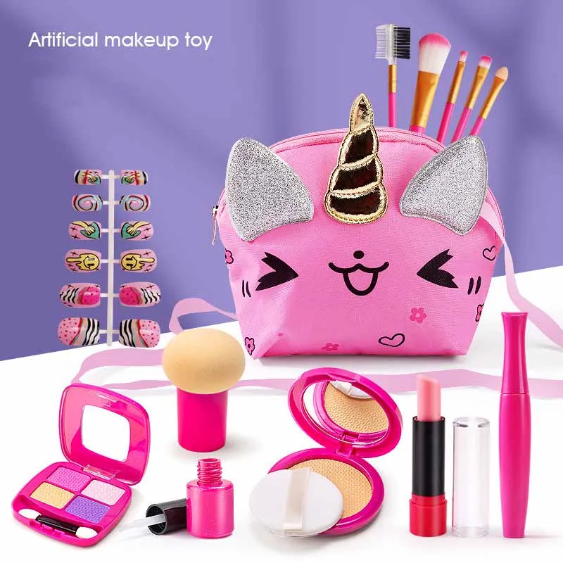 Brinquedos cosméticos para crianças, Cute Cartoon Unicorn Bag Set, Play House Toys, Simulação maquiagem para meninas, presentes de aniversário, Novo, 2024