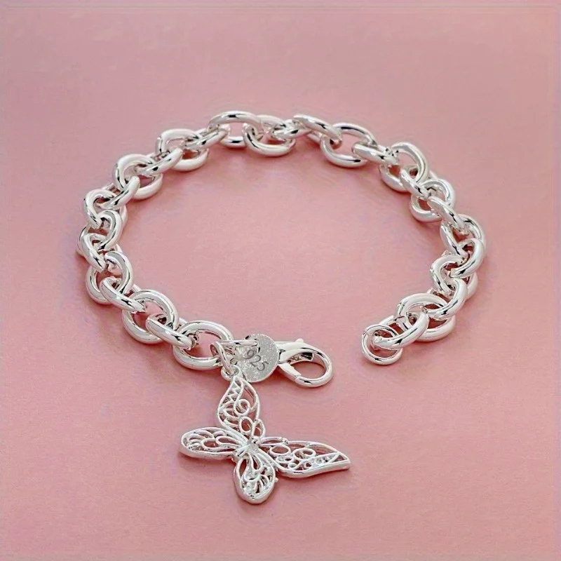 Pretty 925 sterling Silver Butterfly Bracelet for women lady men DIY New popular original wedding jewelry Valentine's Day Gifts