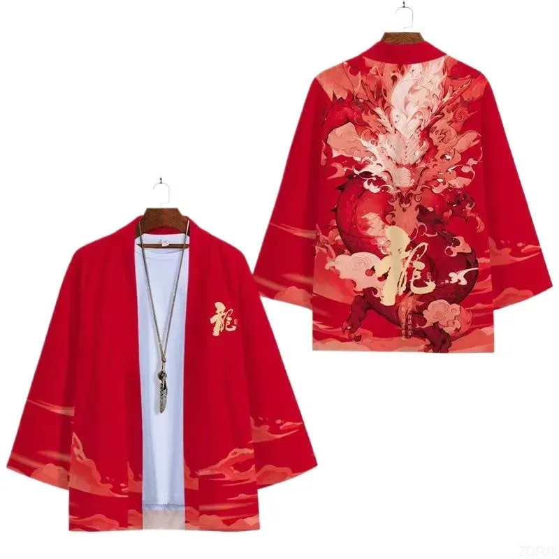 الرجال النساء نفس النمط Ukiyo-e النمط الصيني Longteng Douhe كيمونو فضفاض ثلاثة أرباع كم سترة ثلاثية الأبعاد الرقمية المطبوعة كيمونو