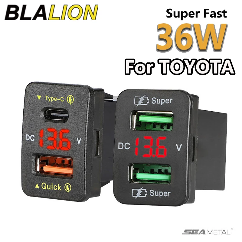 BLALION 45W 5A QC PD 3.0 USB Car Charger Auto Mobile Phone Charger Adapter Fast Charging LED Voltage Display for Toyota Series