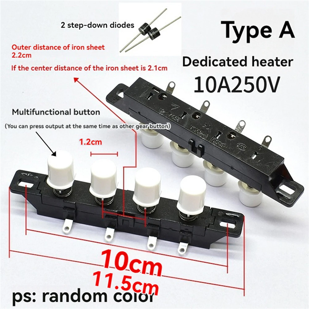 1pc 10A 250V Piano Key Switch/ Diode 3-Key/4-key Electric Heater Button Switch for Air Heating Fan Replacement Accessories