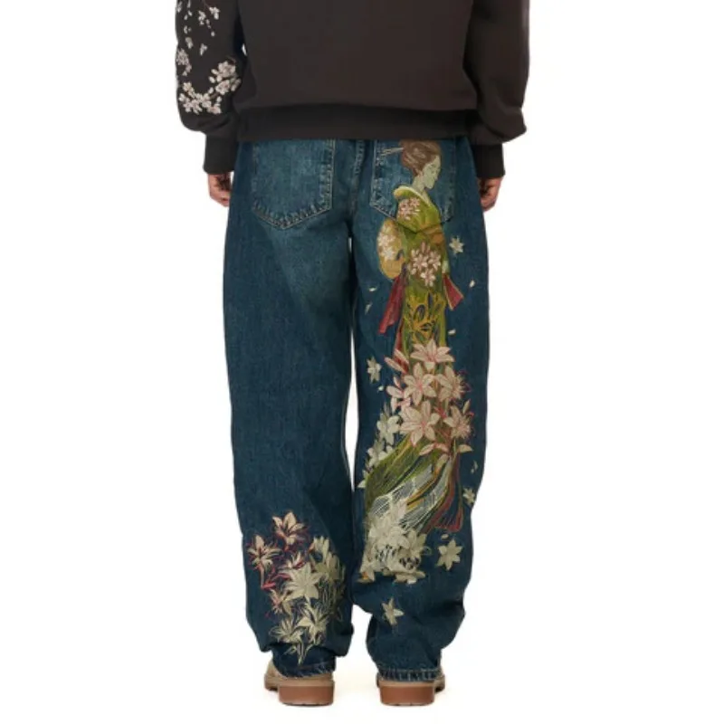 กางเกงยีนส์ทรงตรงเอวสูงสไตล์ยุโรปและอเมริกาใหม่ล่าสุด แฟชั่นสตรีทแวร์ Y2K ฮาราจูกุ ย้อนยุค สีน้ำเงิน ทรงหลวม สไตล์ลำลอง