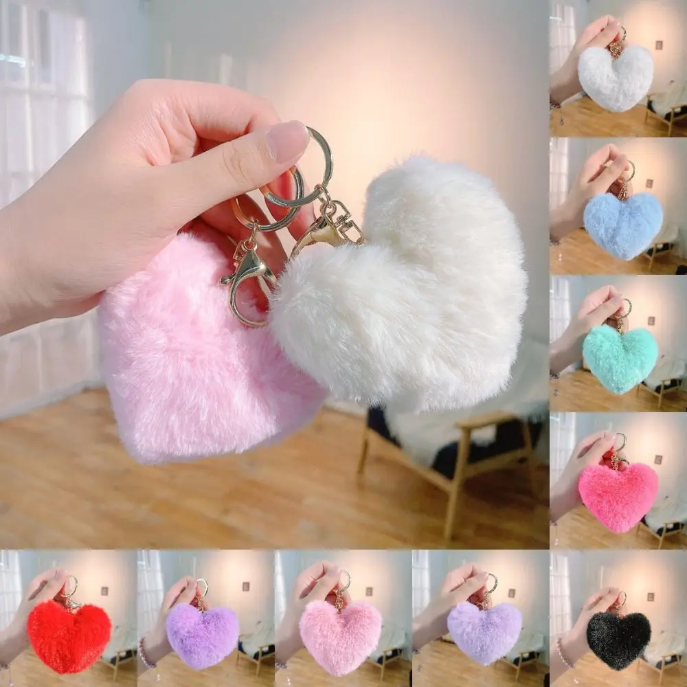 Fashion Love Heart Plush Bag Pendant Imitation Rabbit Fur Solid Color Key Chain Fluffy Ball Bag Accessories Car Key Ring