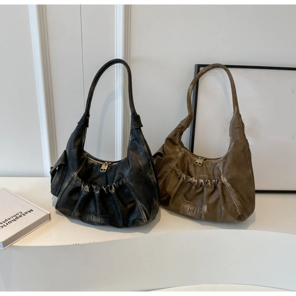 

Ретро большая вместительная сумка на плечо плиссированный дизайн однотонная сумка-хобо сумка подмышками женская