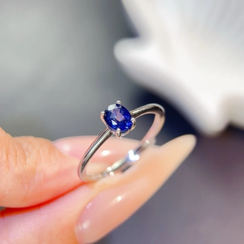 S925 4×5mm Sterling Silver Natural Sapphire Gemstone Ring for Women Fashion Healing Jewelry Stylish Accessory Sweet Gift