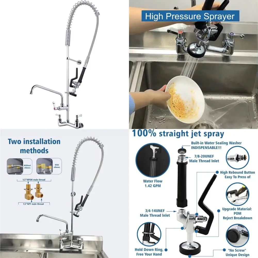 

Wall-Mounted Brass Restaurant Sink Faucet with Sprayer, 43 Height, 8 Centers, Hot and Cold Water Pre-Rinse Kit