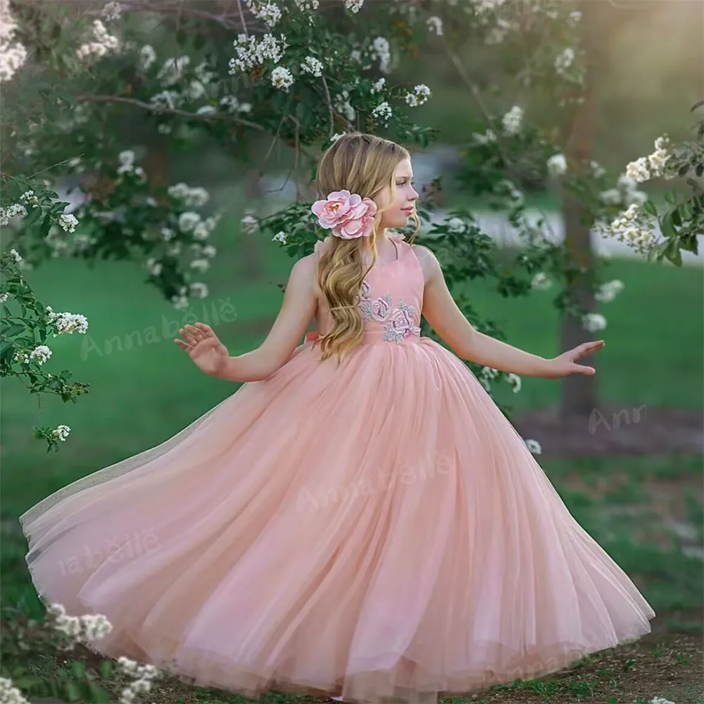 Annabelle Flower Girl Dress, Vestido de princesa sólido sem mangas para crianças, Vestido de casamento bonito