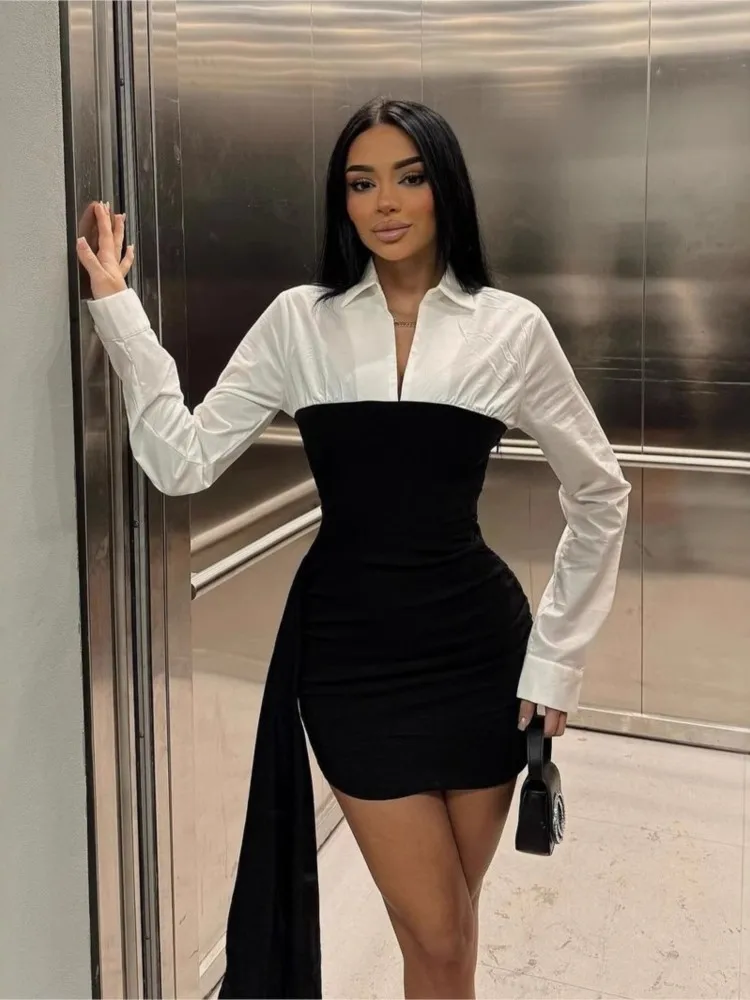 

2025 Package Hip Dress Pleated Vestidos Contrast Party Dresses Long Sleeves Vestido For Woman Slim Patchwork Elegant Temperament