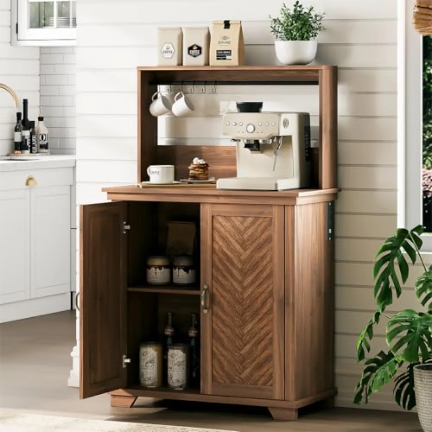 Coffee Bar Cabinet with Storage and Charging Station,Walnut | Farmhouse,Herringbone Panel,31.5