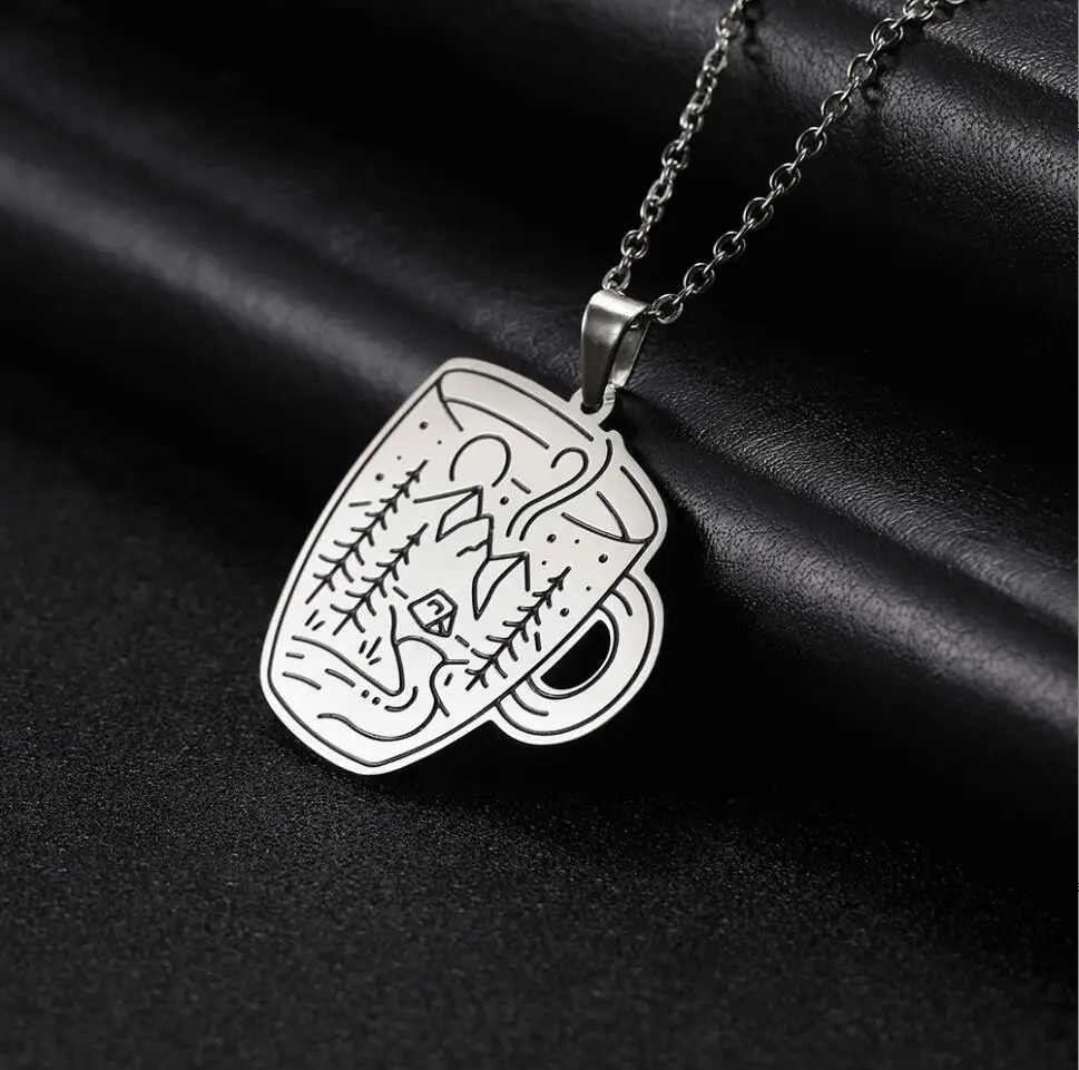 

1PC Stainless Steel Mountain Necklace for Women Men Animal Bear Cup Scenery Landscape Pendant Necklaces Jewelry Birthday F1588